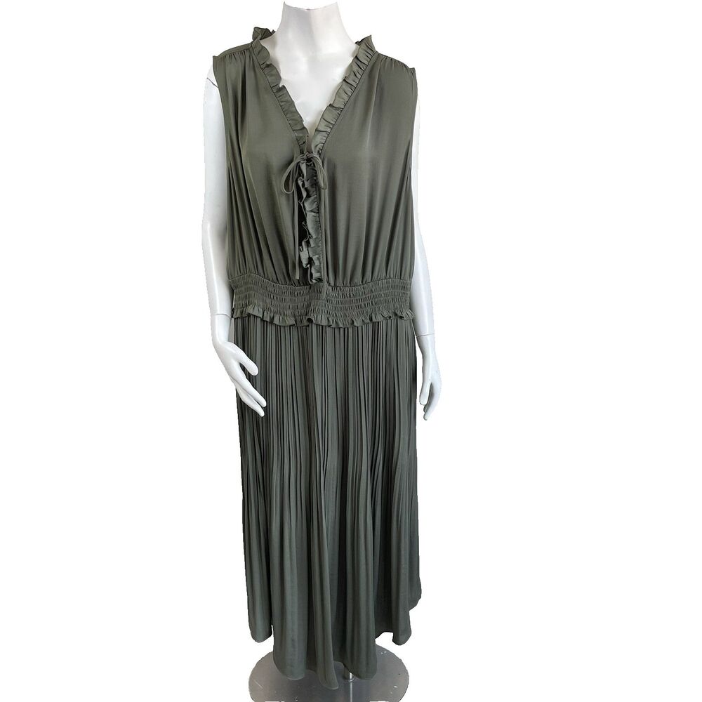 Lane Bryant Sleeveless Tie Front Pleated Satin Midi Dress Plus 22/24 Olive Green